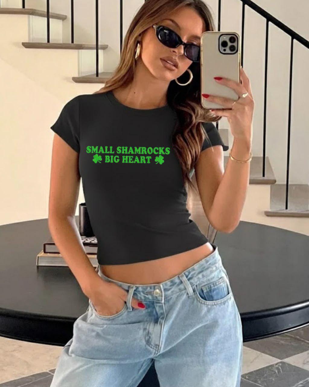 Small Shamrocks Big Heart Baby Tee, St Patricks Day Baby Tee, Clover Graphic Tee, Funny Irish Shirt, Y2K Baby Tee, Lucky Shirt, Coquette Tee