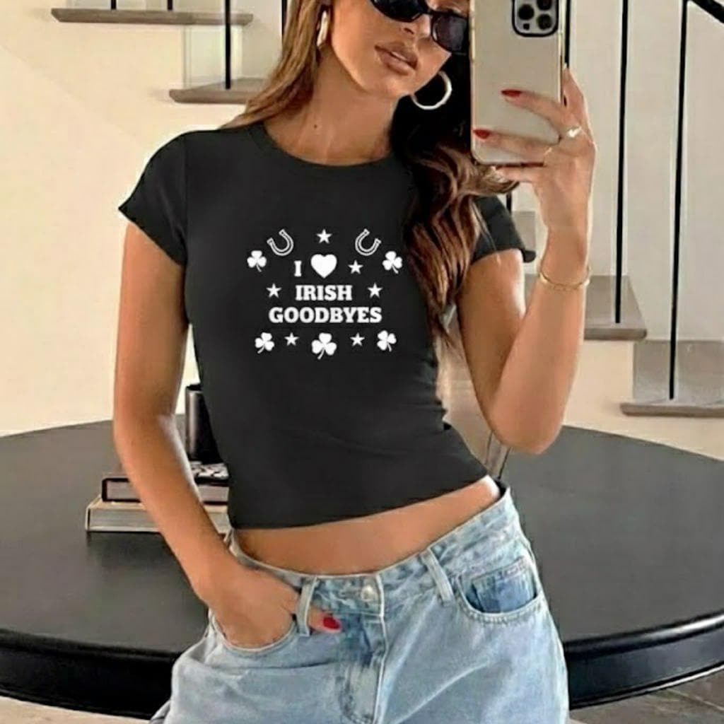 I Love Irish Goodbyes Baby Tee, St Patricks Day Shirt Women, Shamrock Lucky Clover Top, Retro Y2K Graphic Tee, Cute Saint Paddys Day Gift