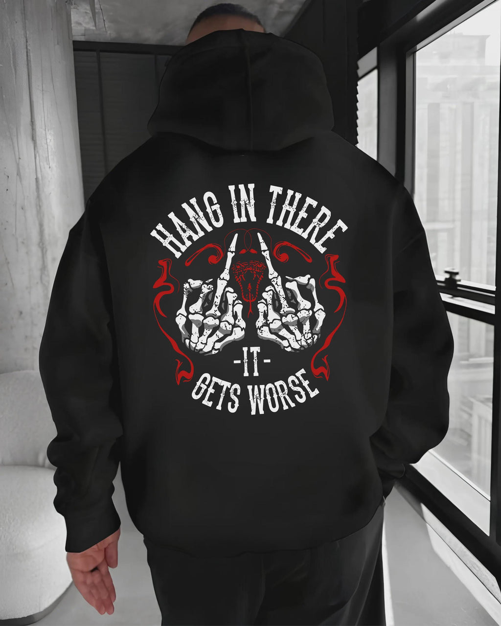 Hang In There It Gets Worse Tshirt, Sarcastic Hoodie, Dark Humor Sweatshirt, Skeleton Hand Graphic Tee, Edgy Gag Gift, Pessimistic Top