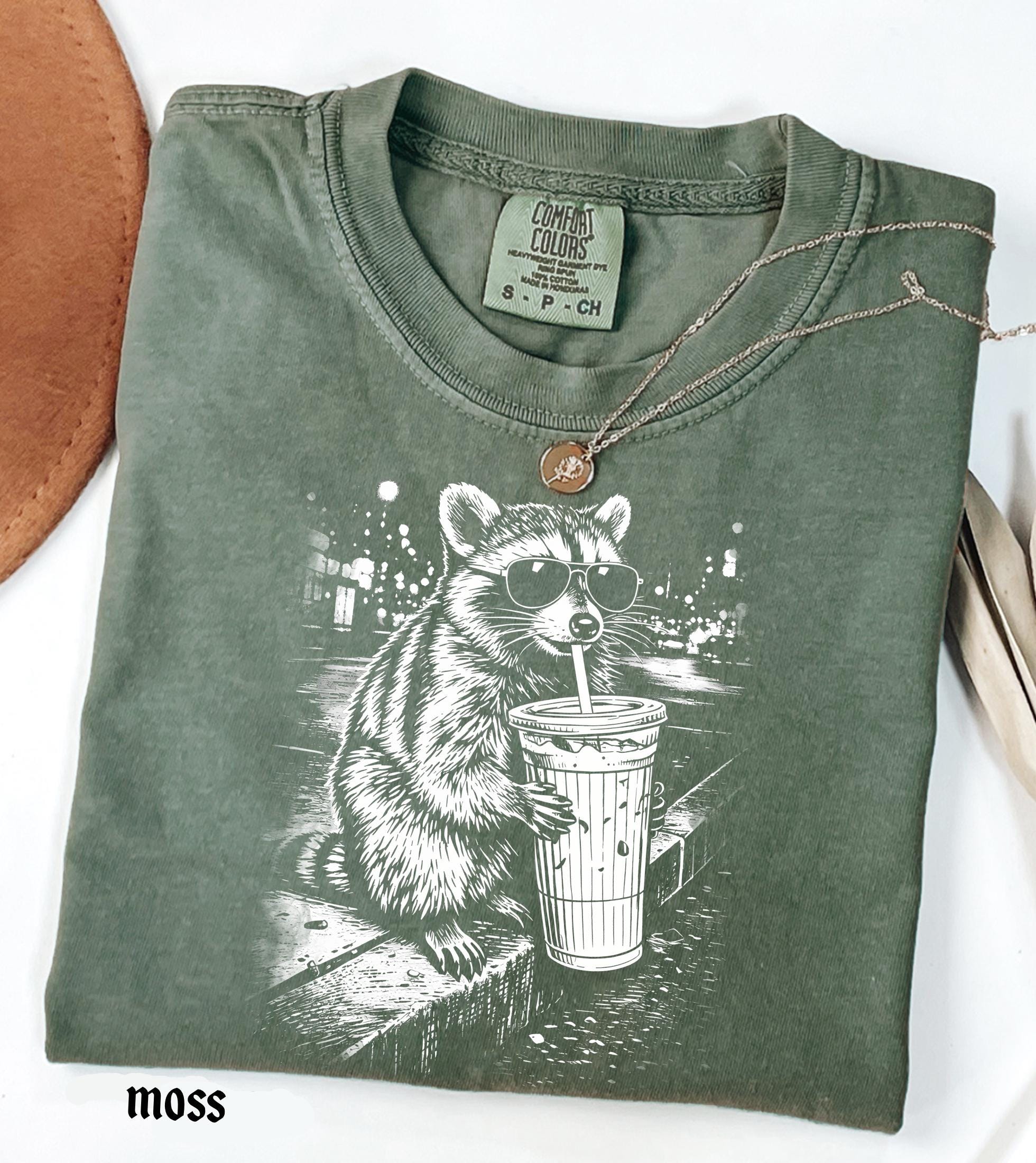 Raccoon Drinking Iced Coffee Comfort Colors Shirt, Funny Animal Meme Tee, Retro Trendy Graphic T-Shirt