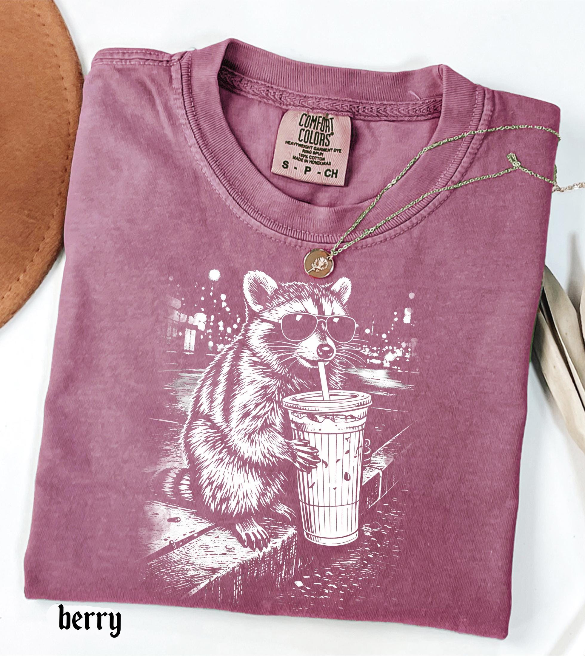 Raccoon Drinking Iced Coffee Comfort Colors Shirt, Funny Animal Meme Tee, Retro Trendy Graphic T-Shirt