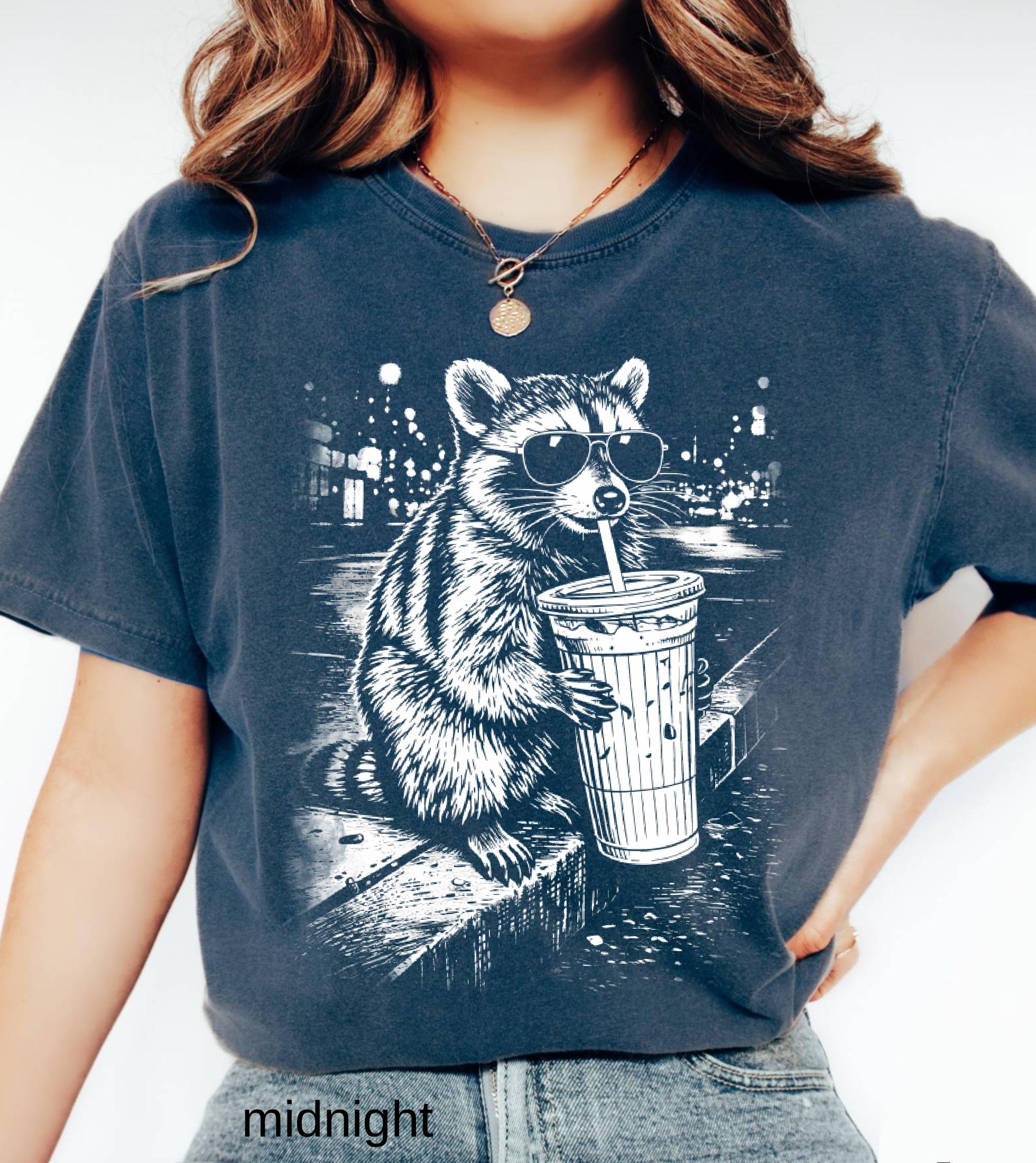 Raccoon Drinking Iced Coffee Comfort Colors Shirt, Funny Animal Meme Tee, Retro Trendy Graphic T-Shirt