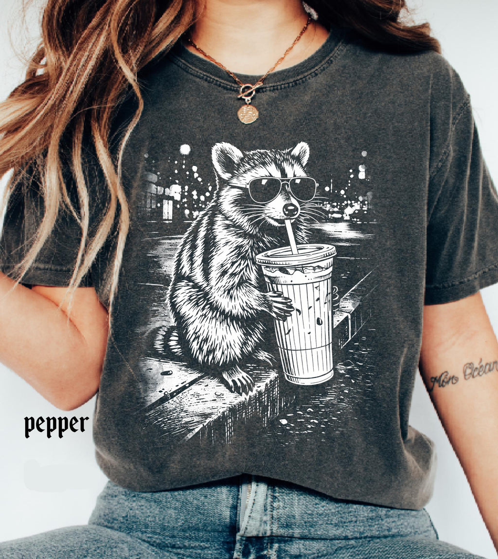 Raccoon Drinking Iced Coffee Comfort Colors Shirt, Funny Animal Meme Tee, Retro Trendy Graphic T-Shirt