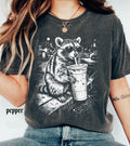 Raccoon Drinking Iced Coffee Comfort Colors Shirt, Funny Animal Meme Tee, Retro Trendy Graphic T-Shirt
