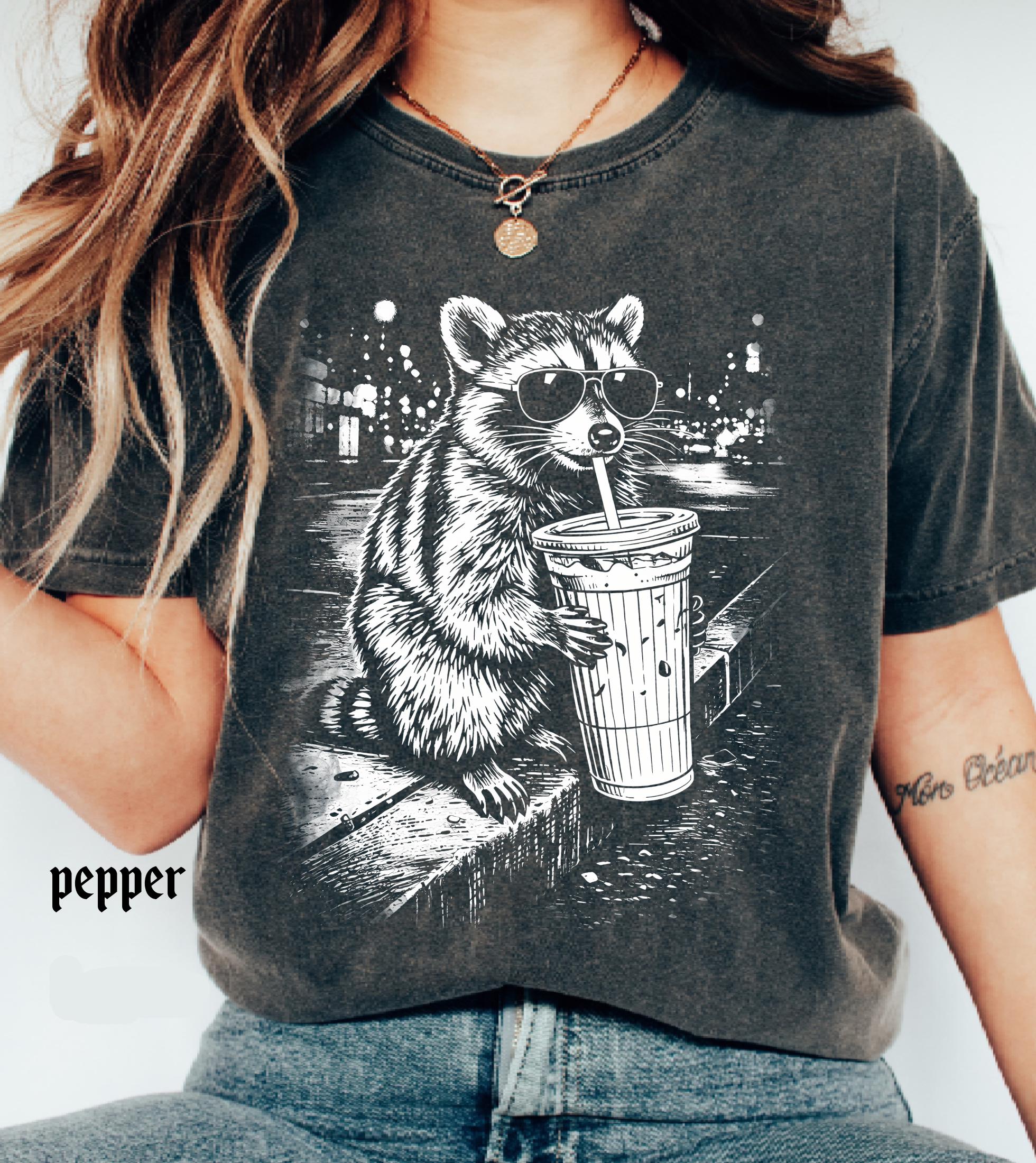 Raccoon Drinking Iced Coffee Comfort Colors Shirt, Funny Animal Meme Tee, Retro Trendy Graphic T-Shirt