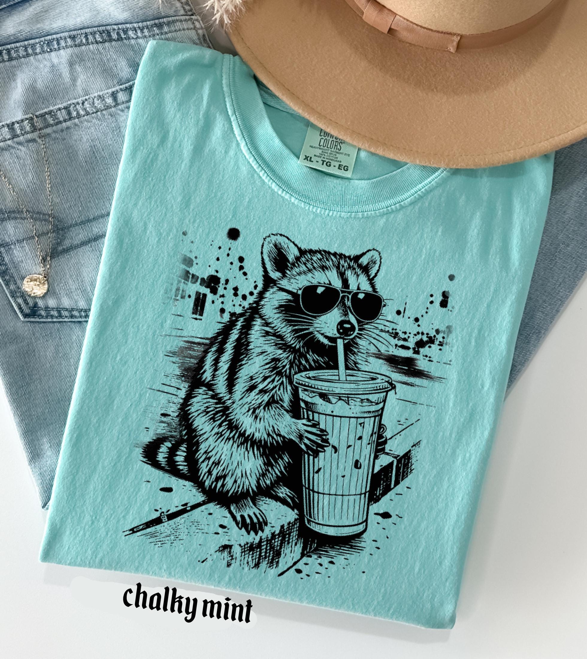 Raccoon Drinking Iced Coffee Comfort Colors Shirt, Funny Animal Meme Tee, Retro Trendy Graphic T-Shirt