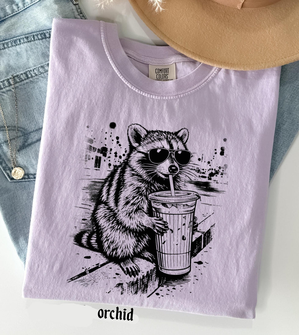 Raccoon Drinking Iced Coffee Comfort Colors Shirt, Funny Animal Meme Tee, Retro Trendy Graphic T-Shirt