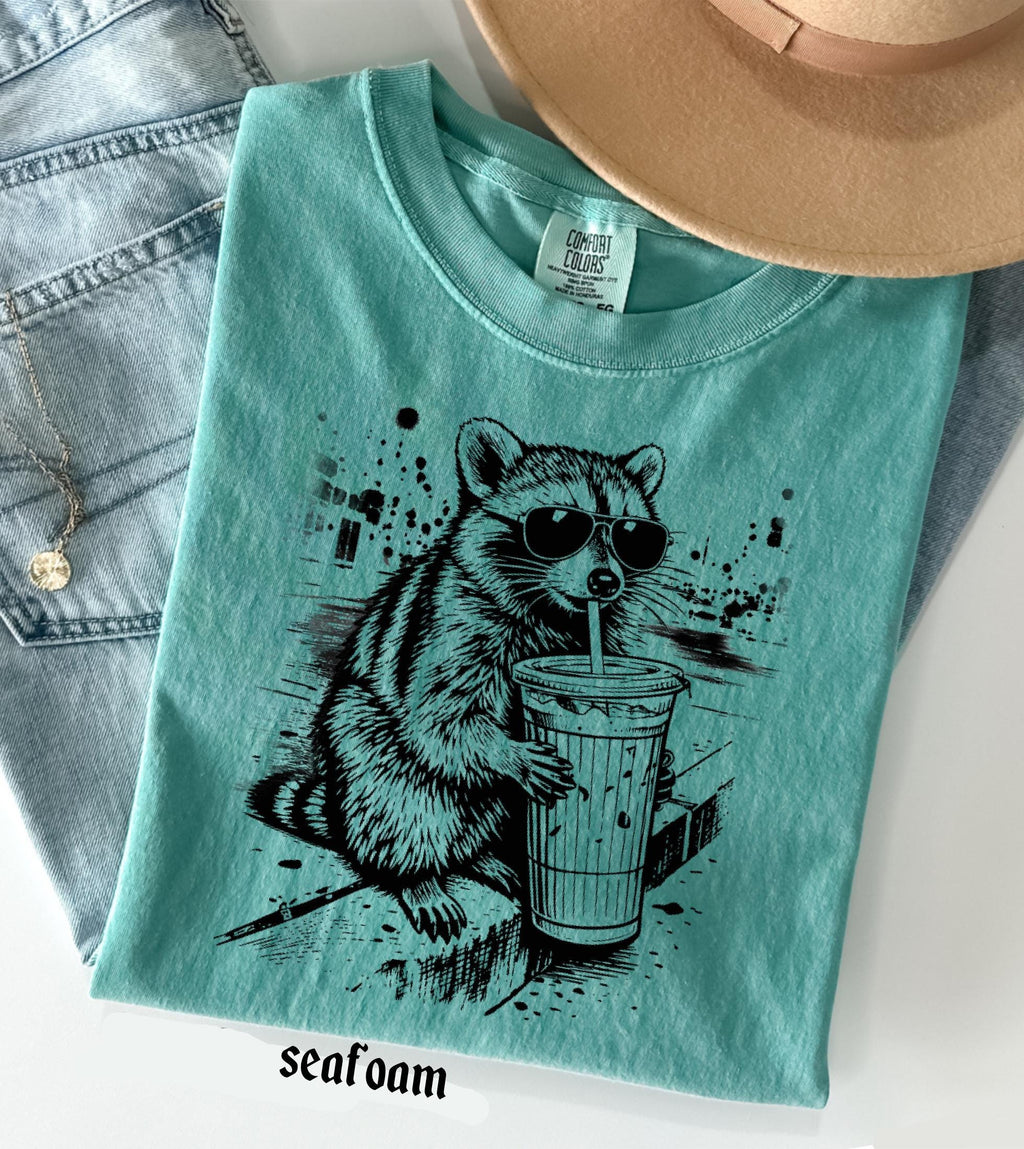 Raccoon Drinking Iced Coffee Comfort Colors Shirt, Funny Animal Meme Tee, Retro Trendy Graphic T-Shirt
