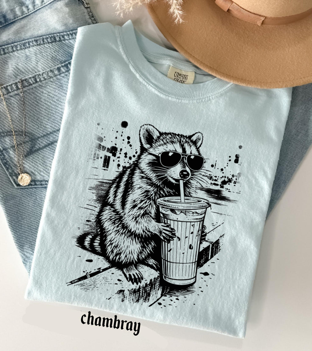 Raccoon Drinking Iced Coffee Comfort Colors Shirt, Funny Animal Meme Tee, Retro Trendy Graphic T-Shirt