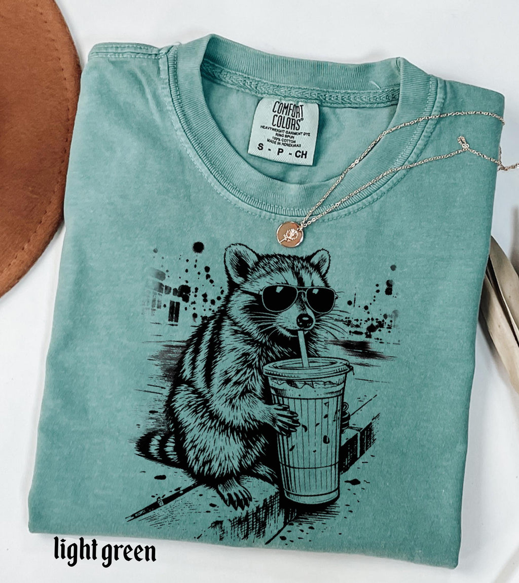 Raccoon Drinking Iced Coffee Comfort Colors Shirt, Funny Animal Meme Tee, Retro Trendy Graphic T-Shirt