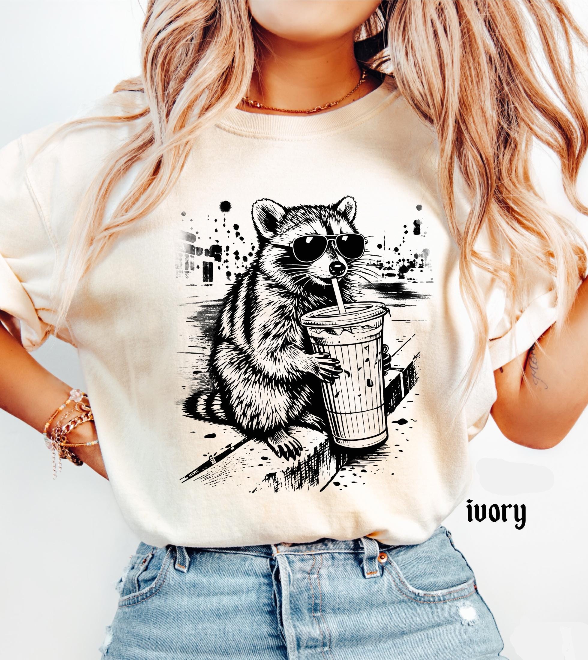 Raccoon Drinking Iced Coffee Comfort Colors Shirt, Funny Animal Meme Tee, Retro Trendy Graphic T-Shirt