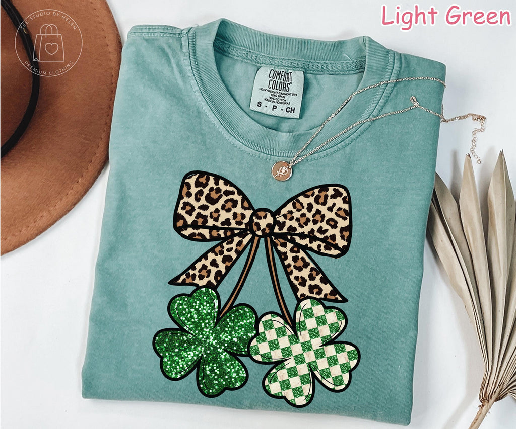 Comfort Colors® Leopard Shamrock Shirt, Retro St Patricks Day Shirt, Checkered Clover Tee, Trendy Lucky Shirt Coquette Bow St Pattys Day Tee