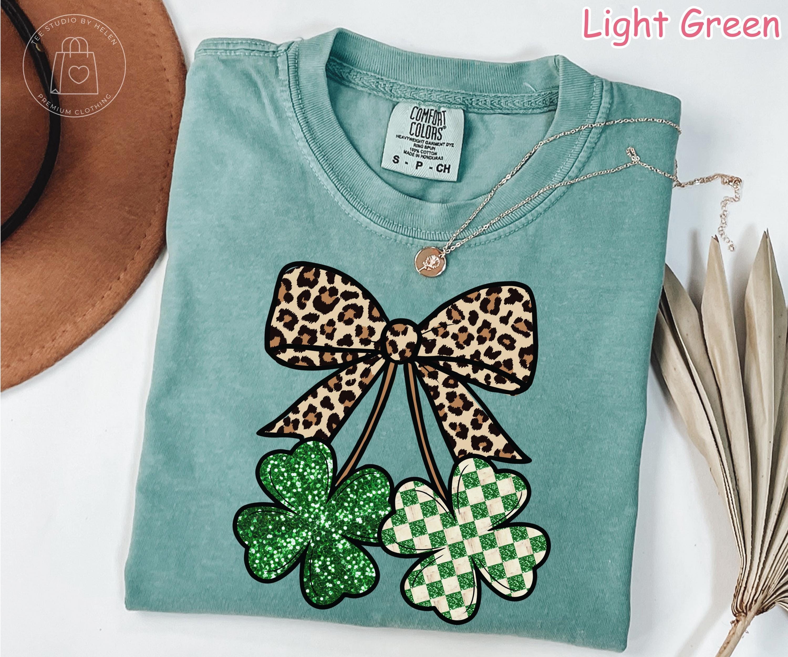 Comfort Colors® Leopard Shamrock Shirt, Retro St Patricks Day Shirt, Checkered Clover Tee, Trendy Lucky Shirt Coquette Bow St Pattys Day Tee