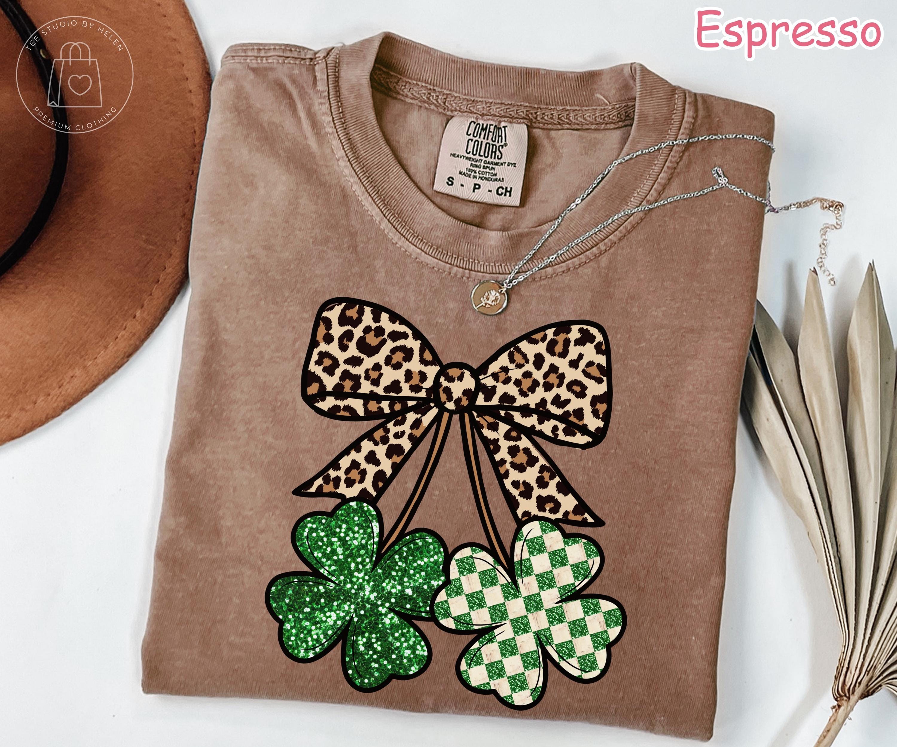 Comfort Colors® Leopard Shamrock Shirt, Retro St Patricks Day Shirt, Checkered Clover Tee, Trendy Lucky Shirt Coquette Bow St Pattys Day Tee
