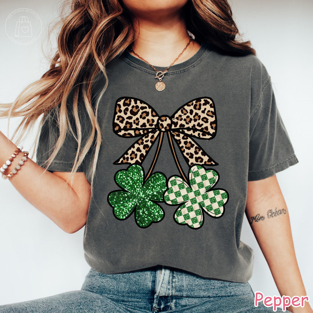 Comfort Colors® Leopard Shamrock Shirt, Retro St Patricks Day Shirt, Checkered Clover Tee, Trendy Lucky Shirt Coquette Bow St Pattys Day Tee