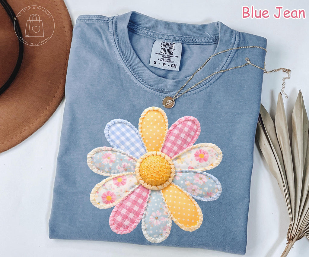 Comfort Colors® Faux Patchwork Flower Shirt, Spring Flower Shirt, Vintage Cottagecore Shirt, Daisy Floral Womens Tee, Summer Graphic Tee