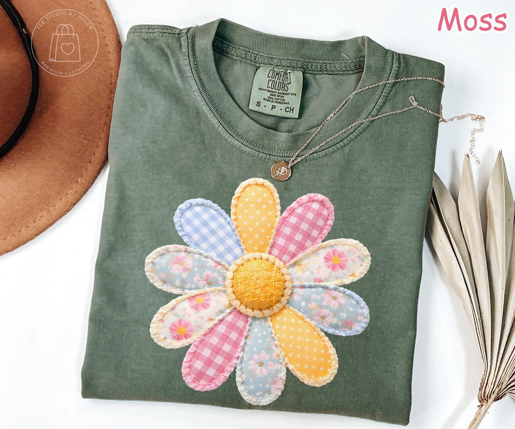 Comfort Colors® Faux Patchwork Flower Shirt, Spring Flower Shirt, Vintage Cottagecore Shirt, Daisy Floral Womens Tee, Summer Graphic Tee