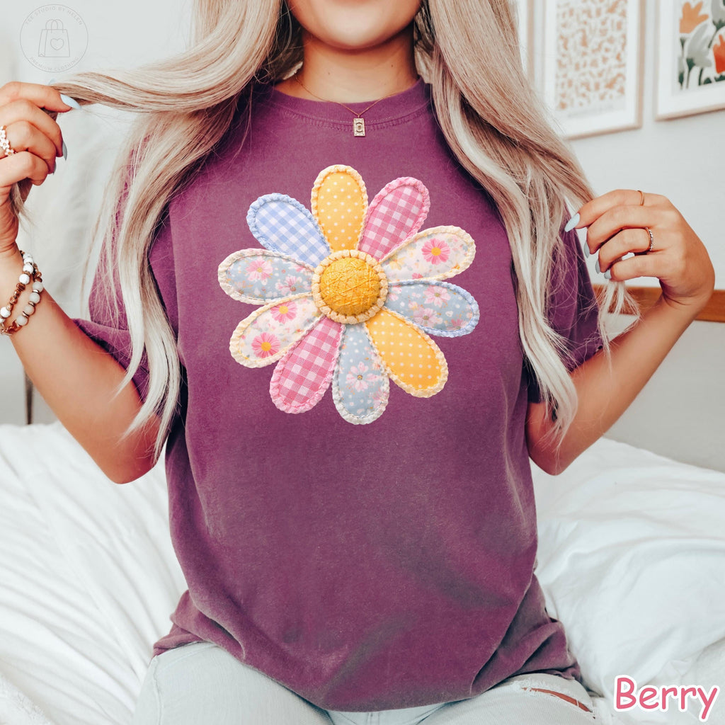Comfort Colors® Faux Patchwork Flower Shirt, Spring Flower Shirt, Vintage Cottagecore Shirt, Daisy Floral Womens Tee, Summer Graphic Tee