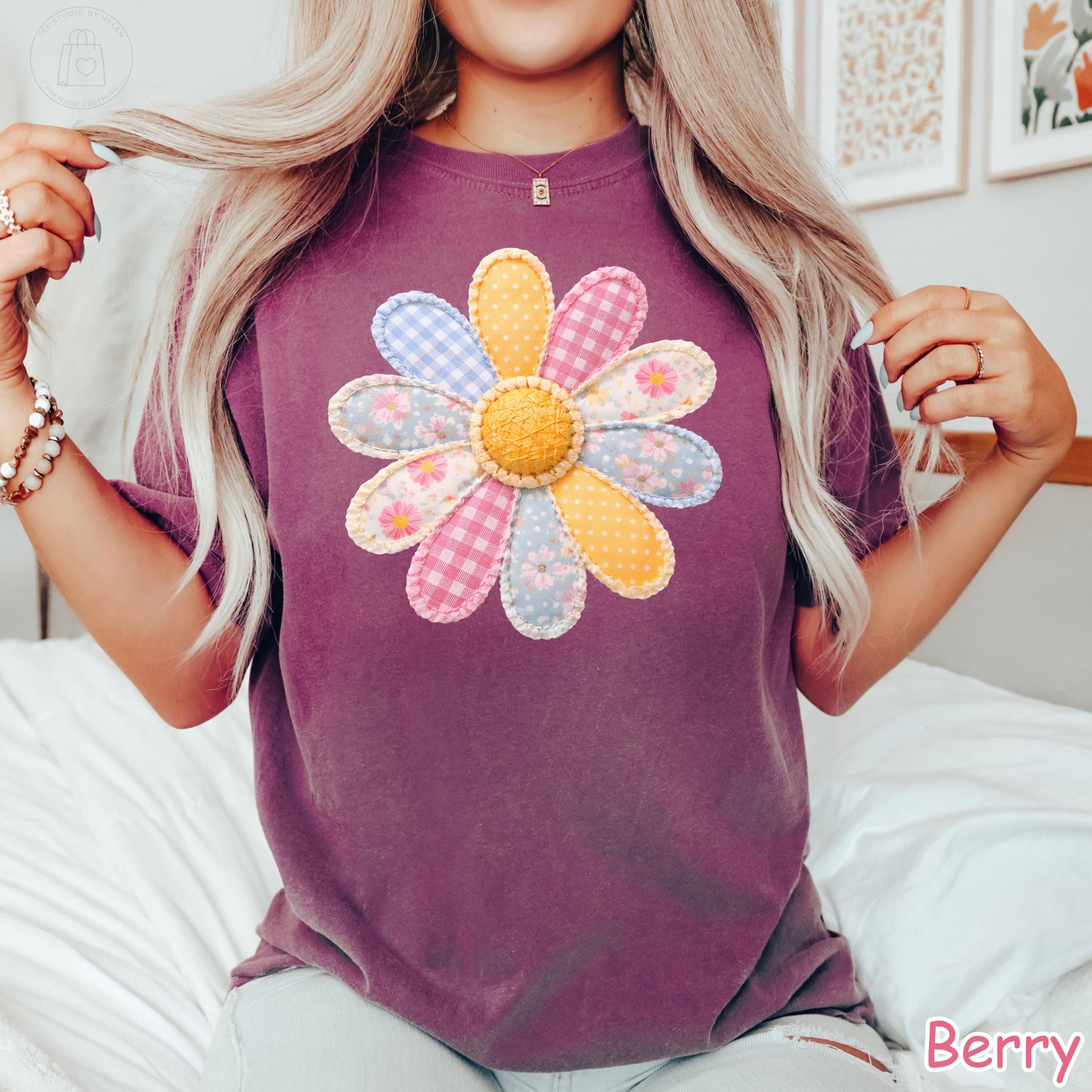 Comfort Colors® Faux Patchwork Flower Shirt, Spring Flower Shirt, Vintage Cottagecore Shirt, Daisy Floral Womens Tee, Summer Graphic Tee