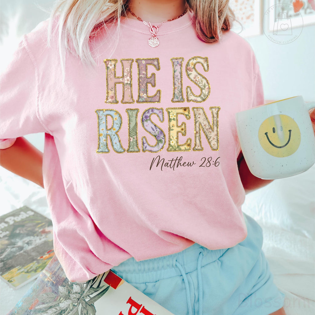Comfort Colors® He Is Risen Shirt, Floral Christian Easter Shirt, Faith Graphic Tee, Religious Women Gift, Matthew 28:6 Scripture T-Shirt