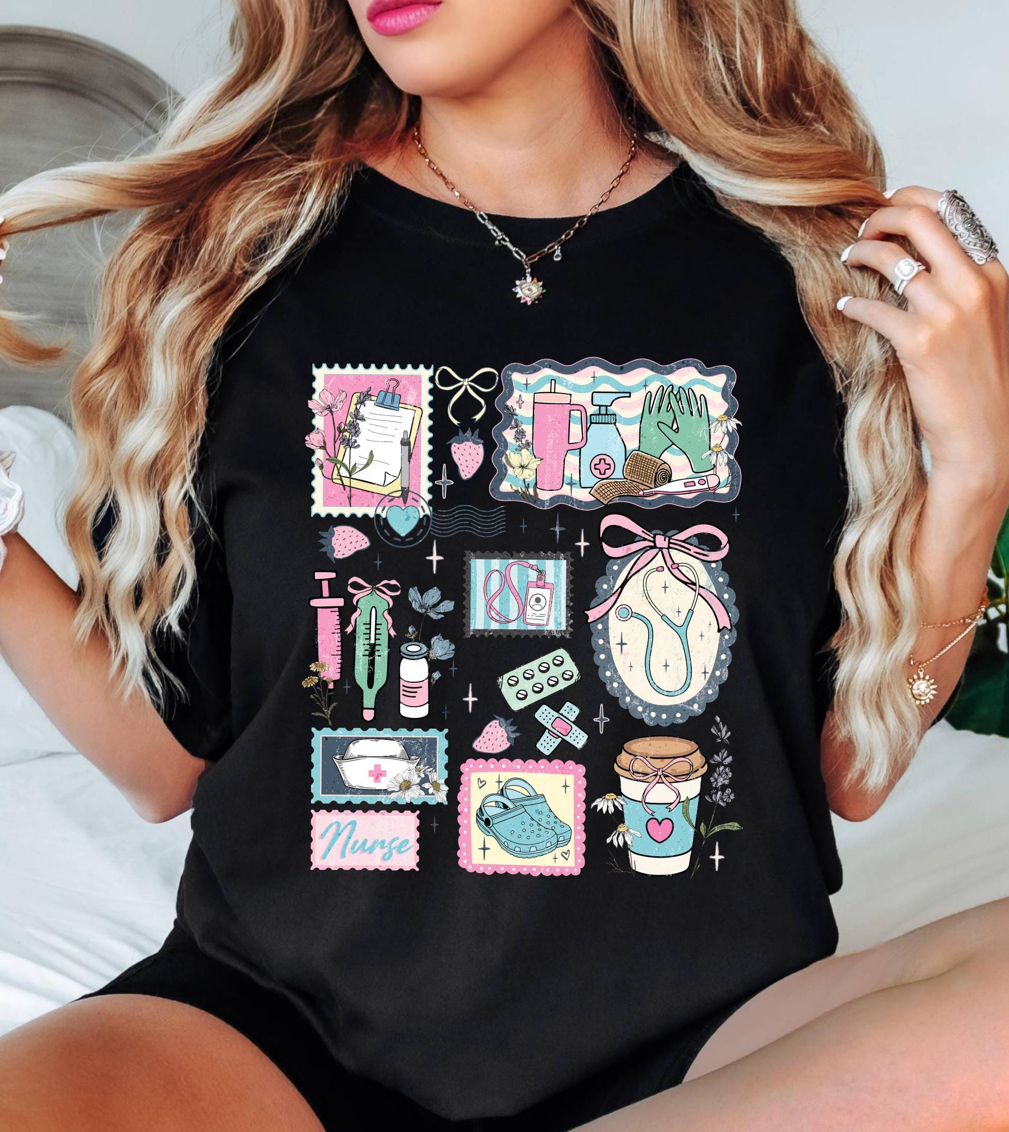 The Life of a Nurse Comfort Colors T-Shirt, Medical Scrapbook Registered Nurse Gift, Cottagecore Nursing Life Collage Tee, RN Pediatric