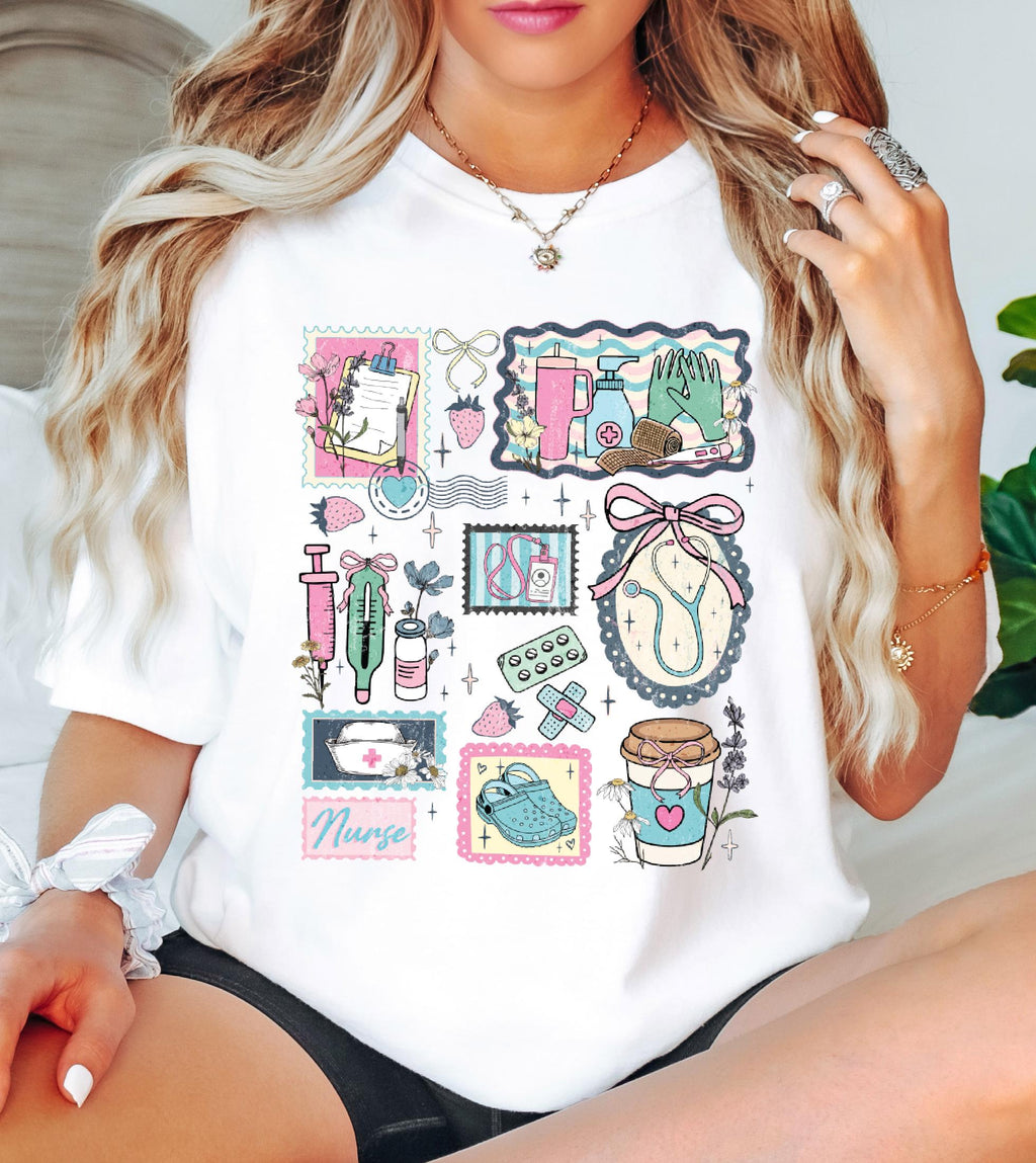 The Life of a Nurse Comfort Colors T-Shirt, Medical Scrapbook Registered Nurse Gift, Cottagecore Nursing Life Collage Tee, RN Pediatric
