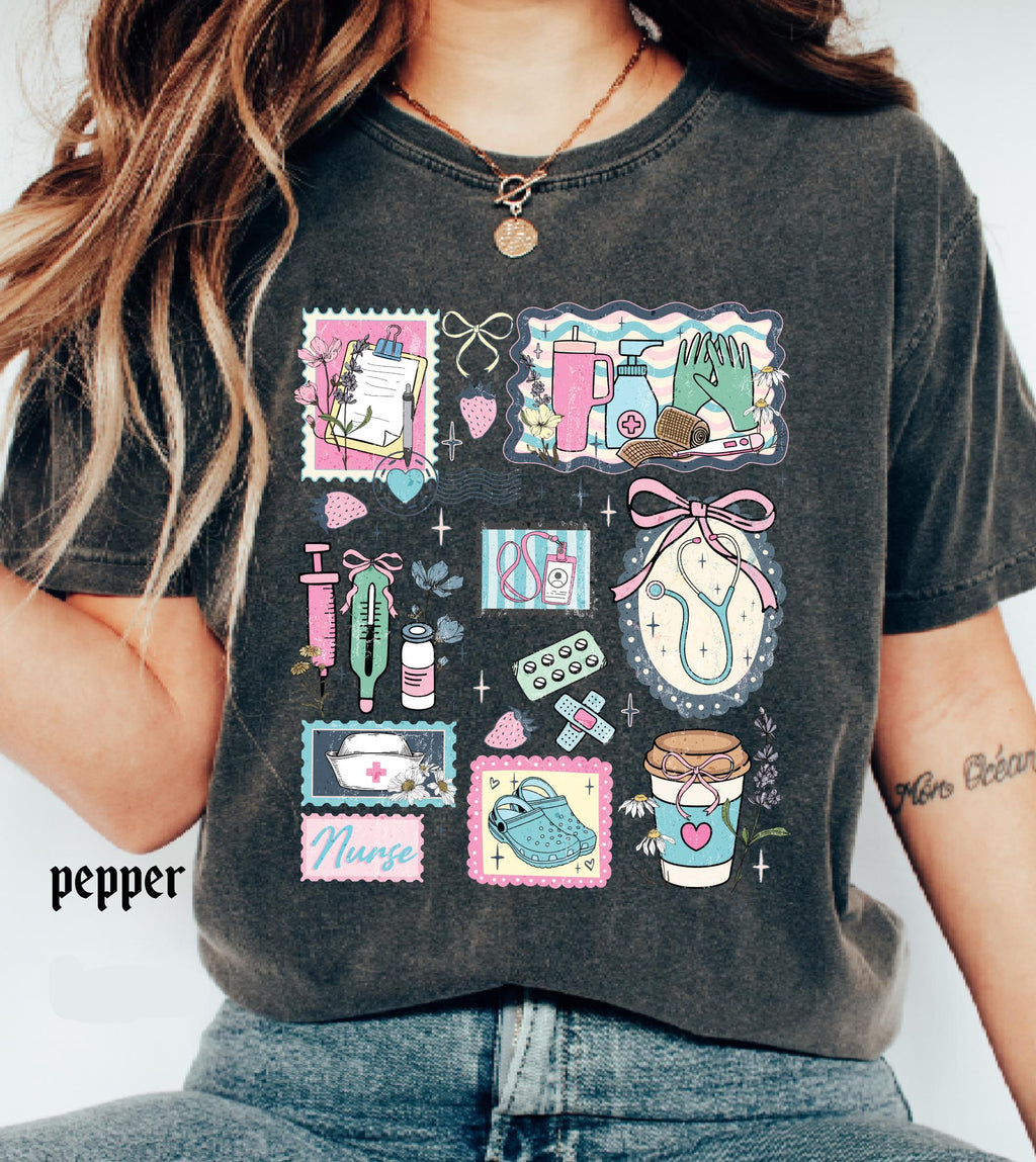 The Life of a Nurse Comfort Colors T-Shirt, Medical Scrapbook Registered Nurse Gift, Cottagecore Nursing Life Collage Tee, RN Pediatric