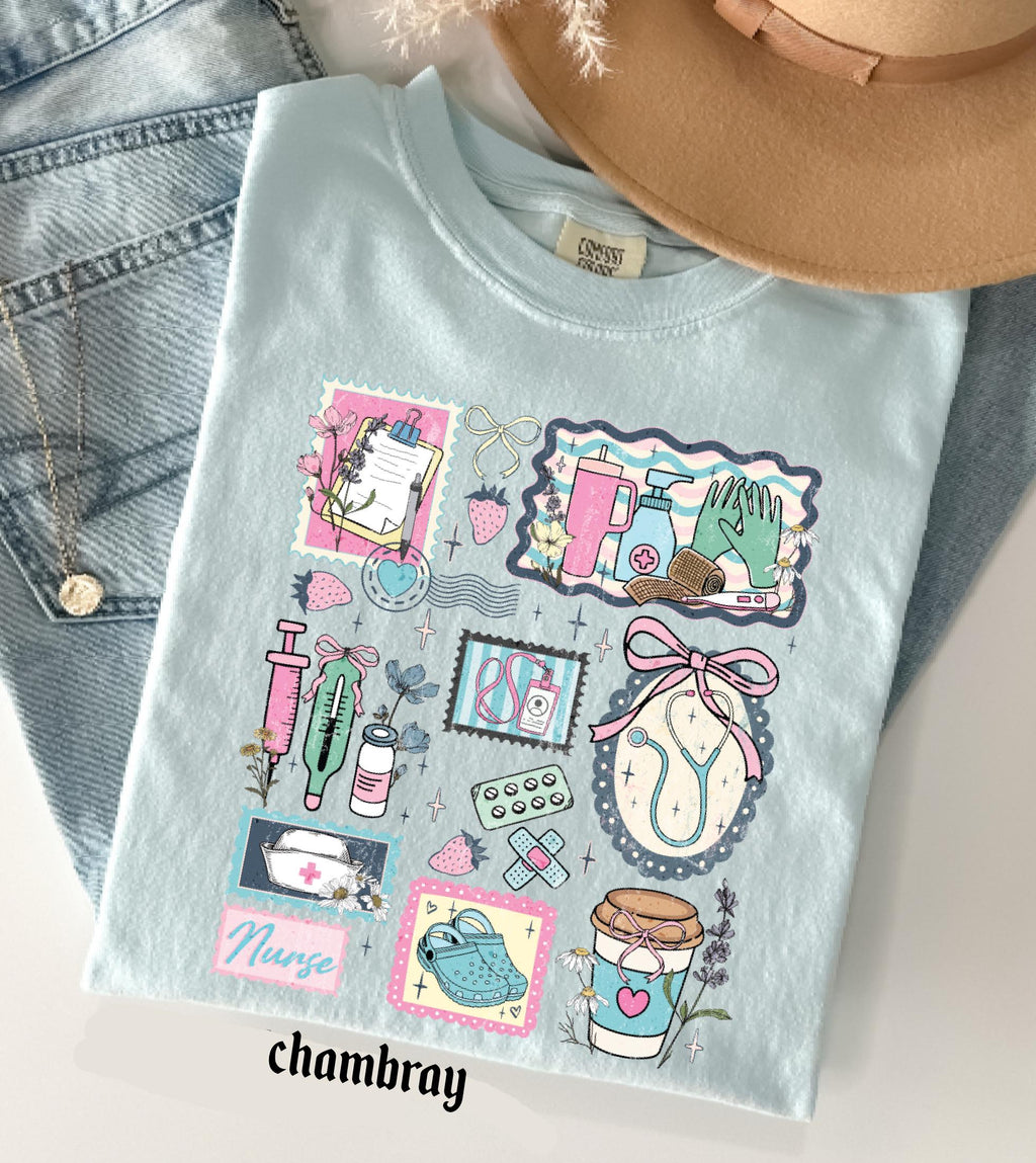 The Life of a Nurse Comfort Colors T-Shirt, Medical Scrapbook Registered Nurse Gift, Cottagecore Nursing Life Collage Tee, RN Pediatric