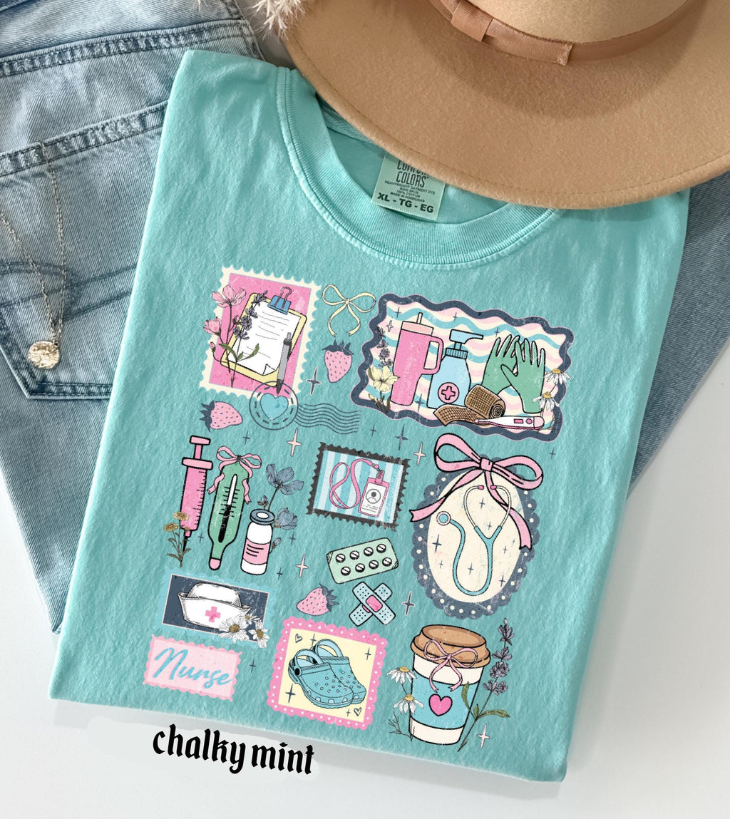 The Life of a Nurse Comfort Colors T-Shirt, Medical Scrapbook Registered Nurse Gift, Cottagecore Nursing Life Collage Tee, RN Pediatric