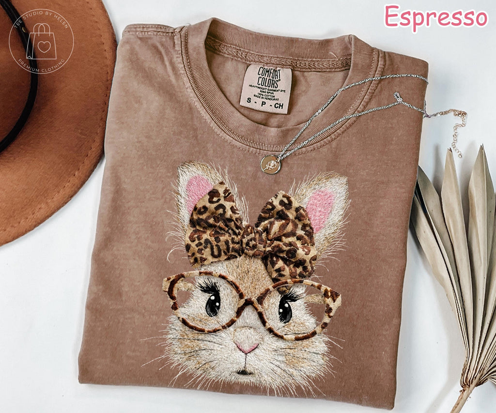 Comfort Colors® Happy Easter Bunny Shirt, Retro Leopard Bunny Tee, Coquette Easter Bunny T-Shirt, Trendy Easter Day Gift, Spring Women Tee