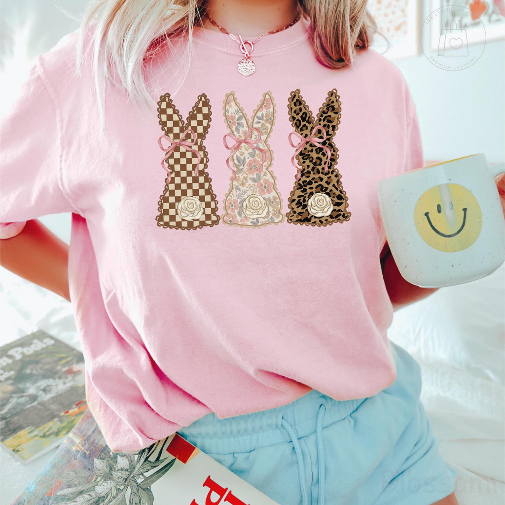 Comfort Colors® Coquette Easter Bunny Shirt, Checkered Leopard Bunny Shirt, Pink Bow Spring Floral Tee, Trendy Easter Day Gift for Women