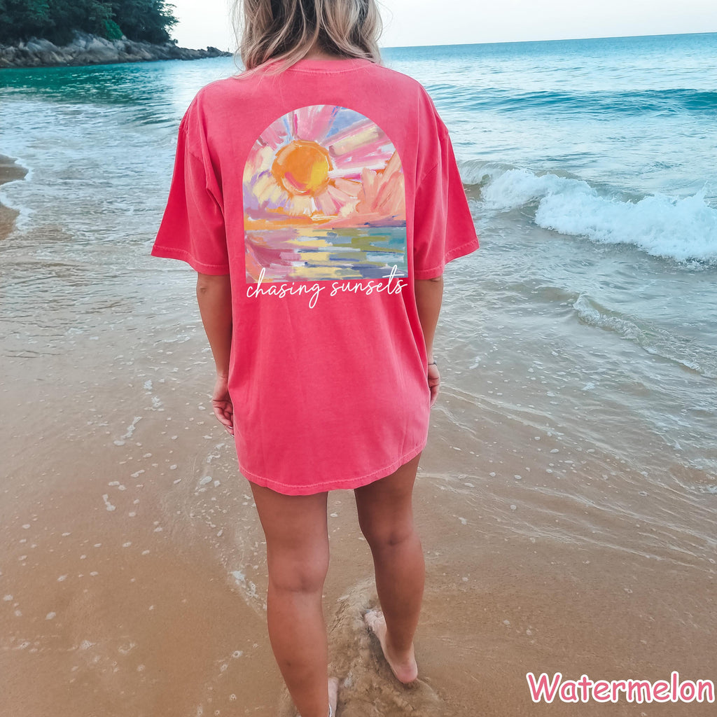 Comfort Colors® Chasing Sunsets Shirt, Summer Beach Shirt, Summer Aesthetic Shirt,  Trendy Vacation Shirt Boho Summer Vibes Tee Sunset Lover
