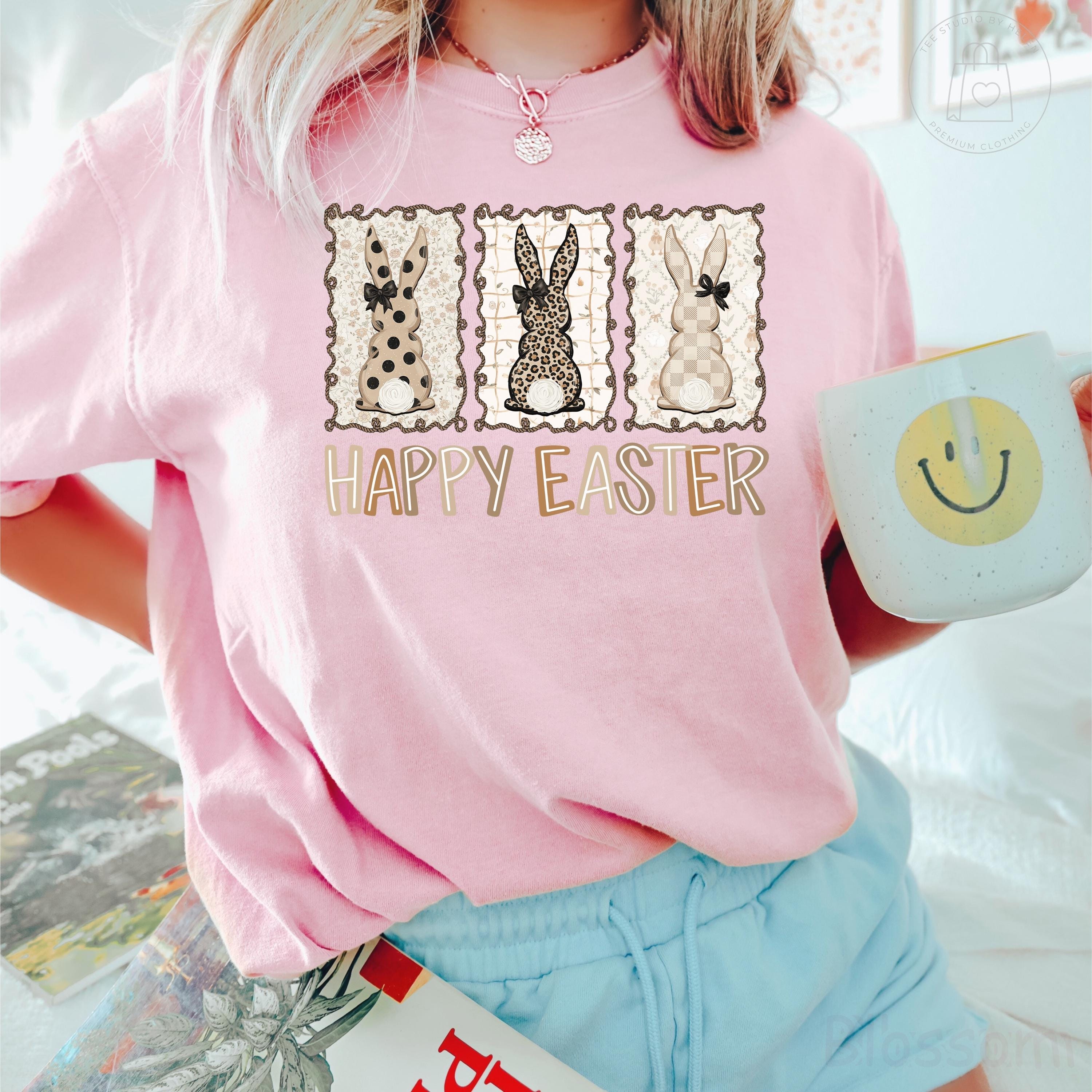 Comfort Colors® Happy Easter Shirt, Easter Bunny Shirt, Leopard Bunny Shirt for Women, Coquette Easter Graphic Tee, Trendy Easter Day Gift