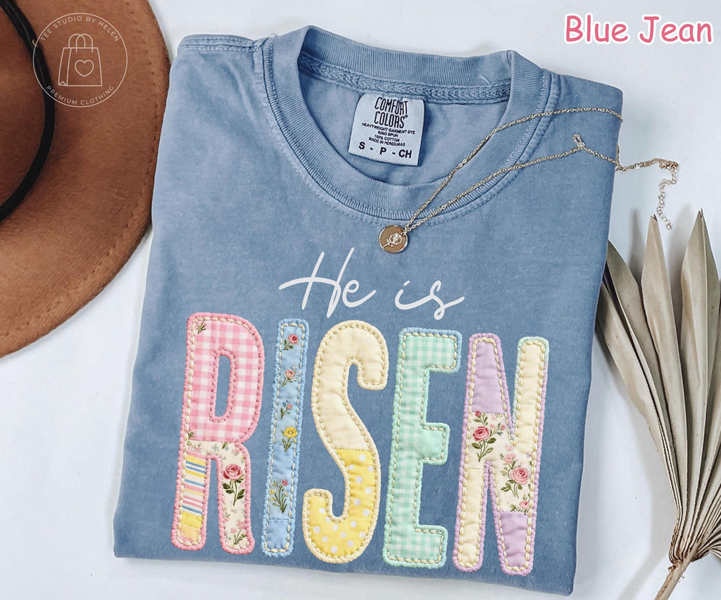 Comfort Colors® Faux Patchwork He Is Risen Shirt, Retro Quilted Christian Easter Tee, Trendy Easter Day Gift for Women, Jesus Shirt