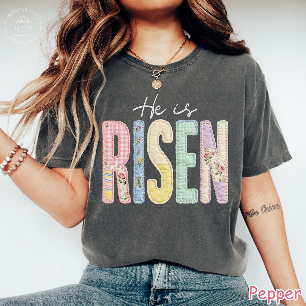 Comfort Colors® Faux Patchwork He Is Risen Shirt, Retro Quilted Christian Easter Tee, Trendy Easter Day Gift for Women, Jesus Shirt