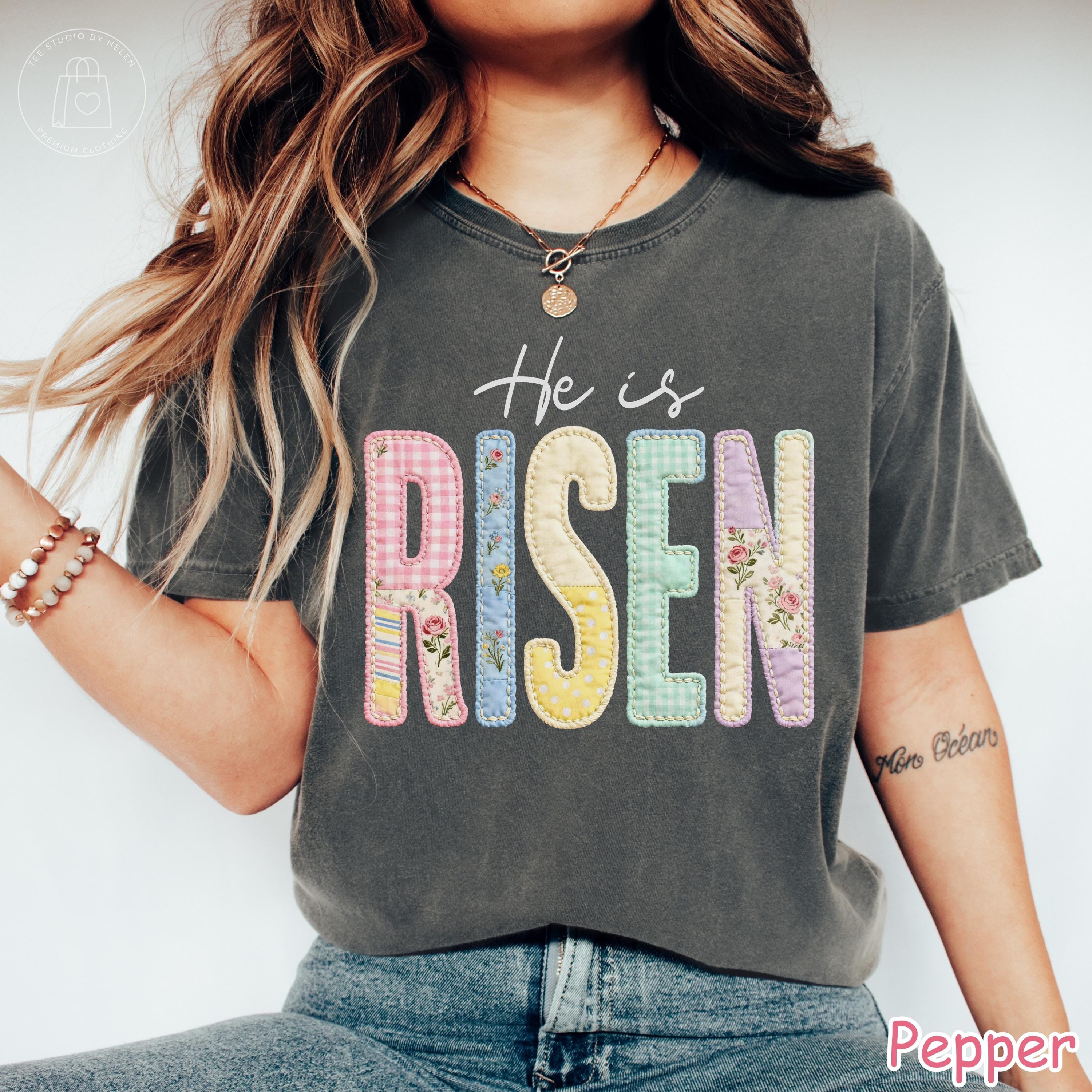Comfort Colors® Faux Patchwork He Is Risen Shirt, Retro Quilted Christian Easter Tee, Trendy Easter Day Gift for Women, Jesus Shirt