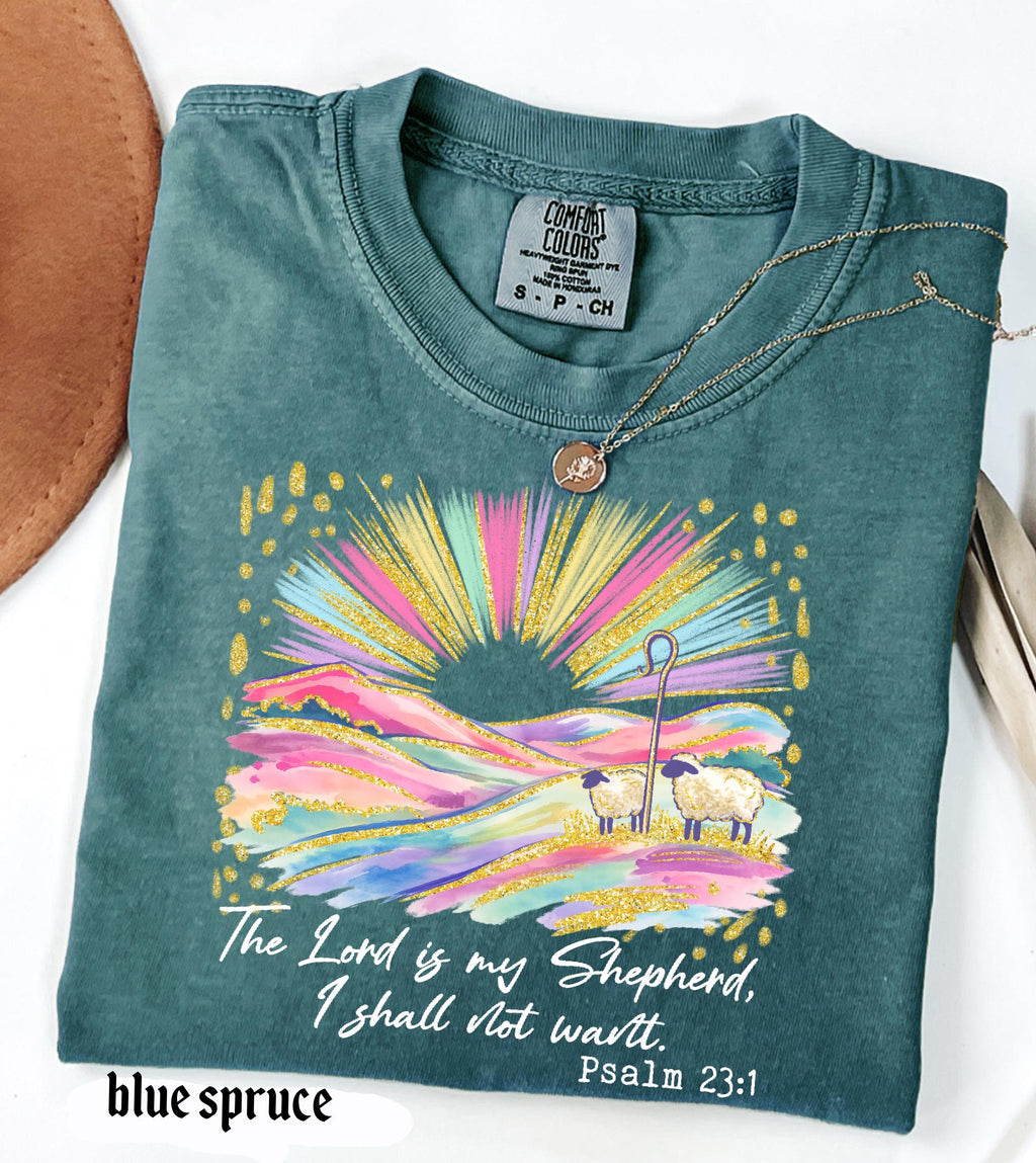 The Lord Is My Shepherd Christian Easter Comfort Colors Shirt, Colorful Faux Glitter Bible Verse Tee, Trendy Jesus Gift, Easter Women Gift