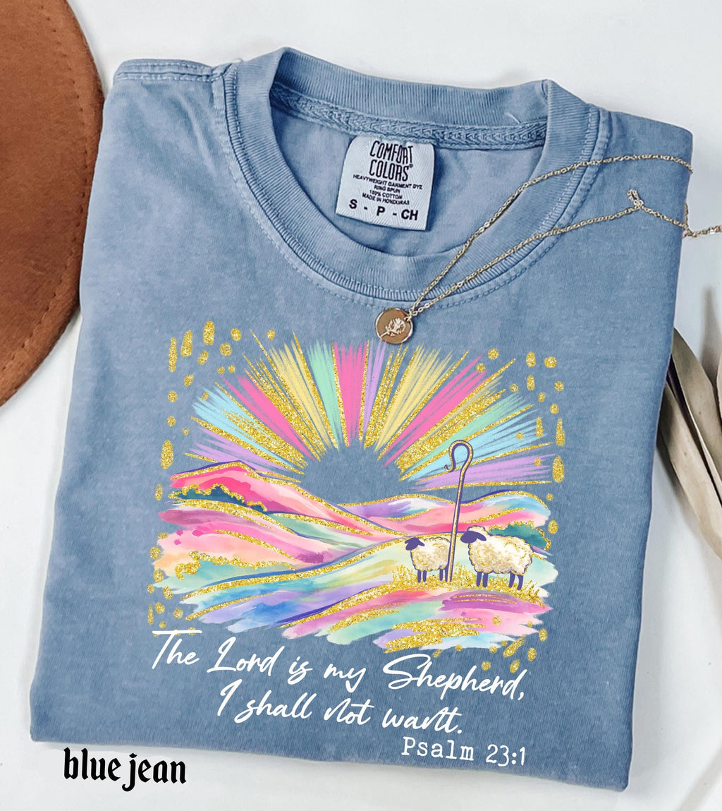 The Lord Is My Shepherd Christian Easter Comfort Colors Shirt, Colorful Faux Glitter Bible Verse Tee, Trendy Jesus Gift, Easter Women Gift