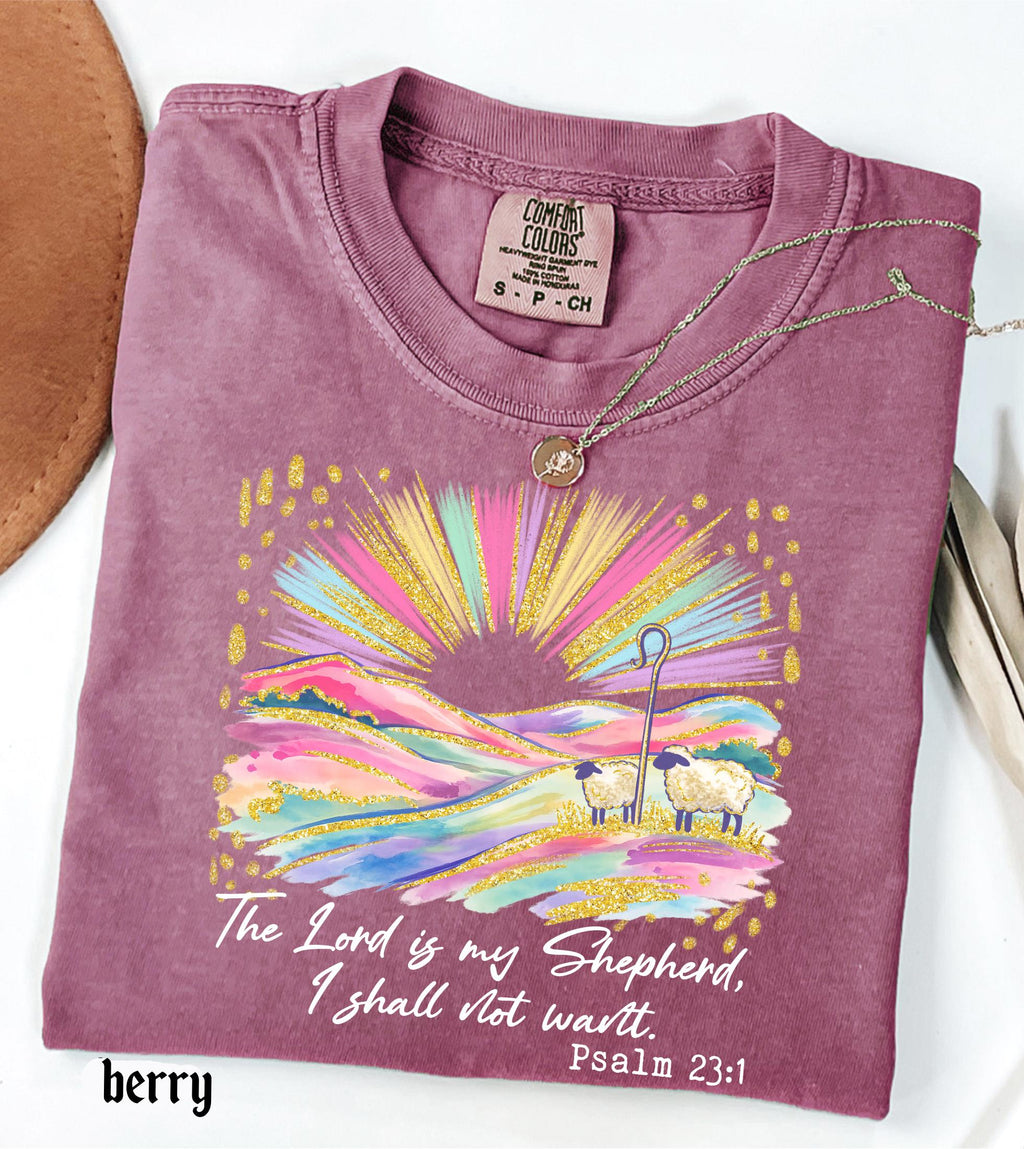 The Lord Is My Shepherd Christian Easter Comfort Colors Shirt, Colorful Faux Glitter Bible Verse Tee, Trendy Jesus Gift, Easter Women Gift
