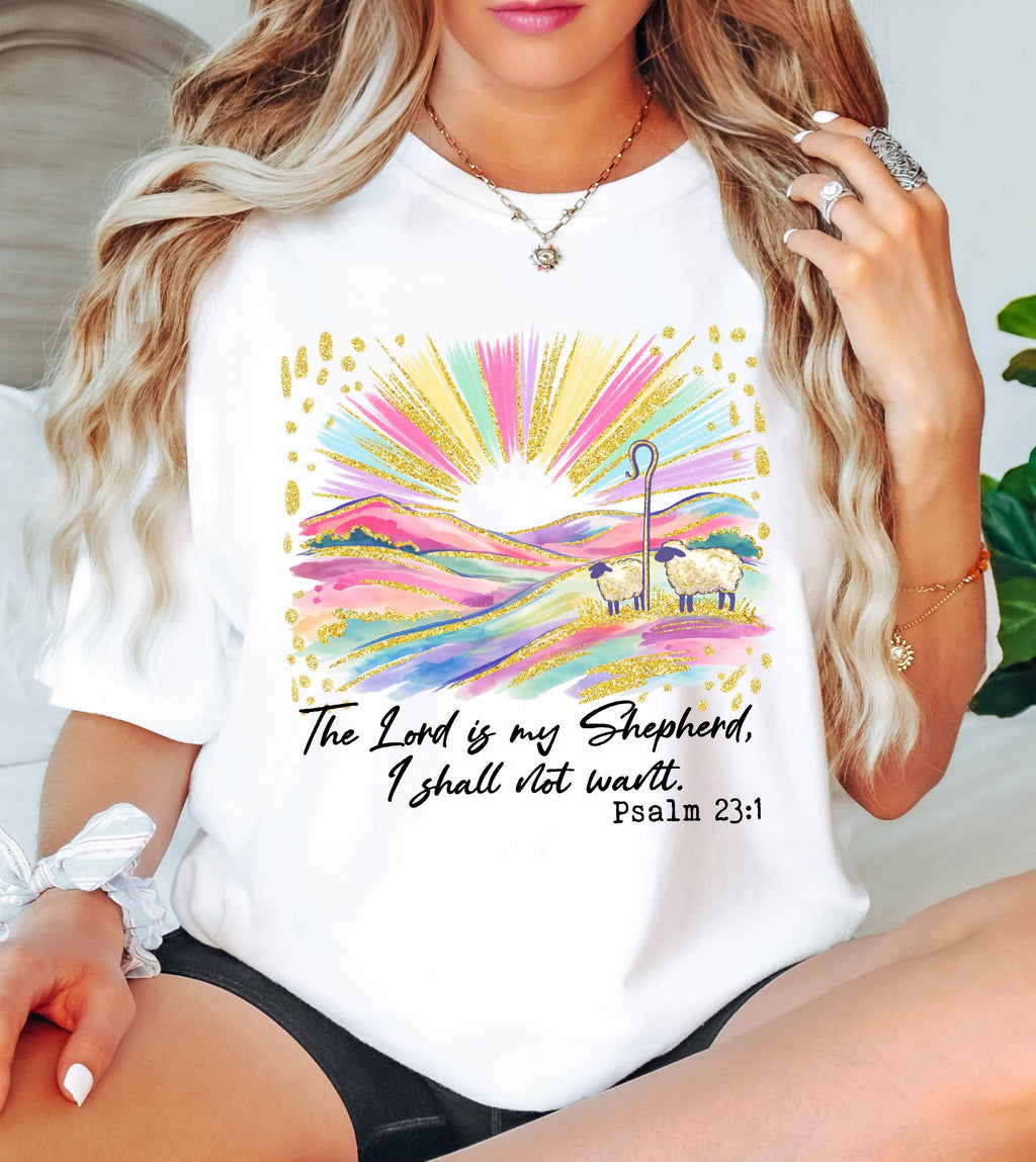 The Lord Is My Shepherd Christian Easter Comfort Colors Shirt, Colorful Faux Glitter Bible Verse Tee, Trendy Jesus Gift, Easter Women Gift