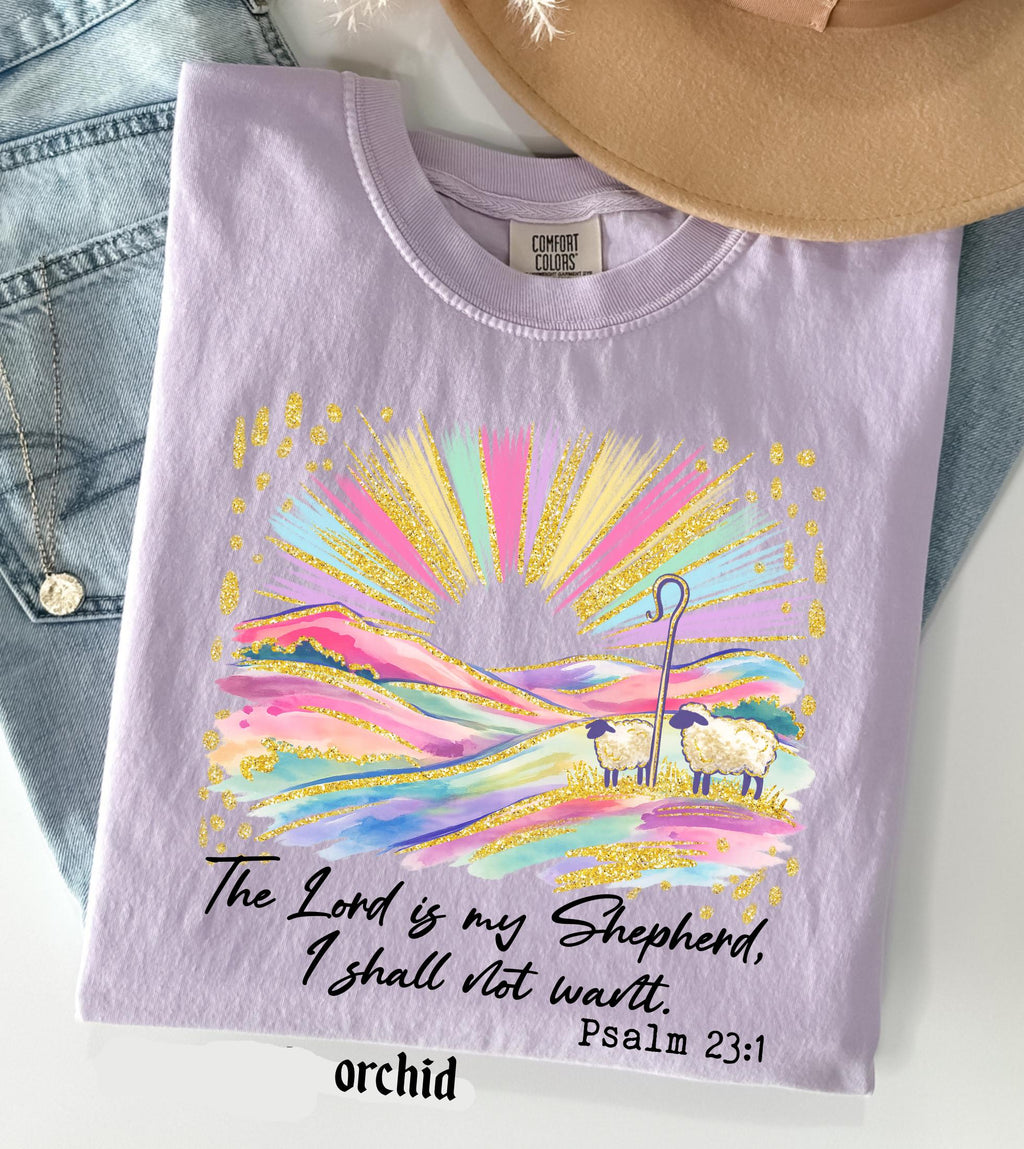 The Lord Is My Shepherd Christian Easter Comfort Colors Shirt, Colorful Faux Glitter Bible Verse Tee, Trendy Jesus Gift, Easter Women Gift