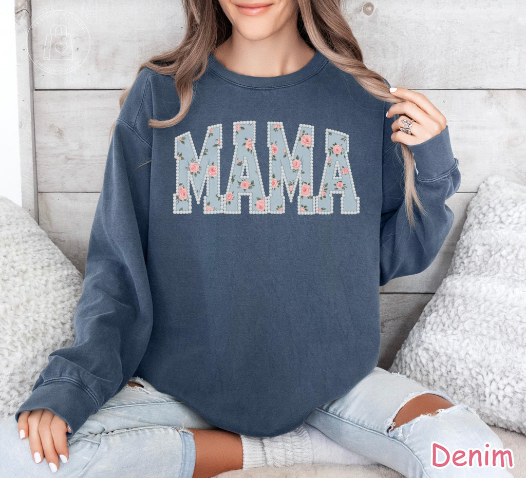 Comfort Colors®  Floral Mama Sweatshirt, Mothers Day Gift, Trendy Mom Spring Tee, Cute Gift for Mom, Pearls Flower Mama Shirt, New Mom Gift