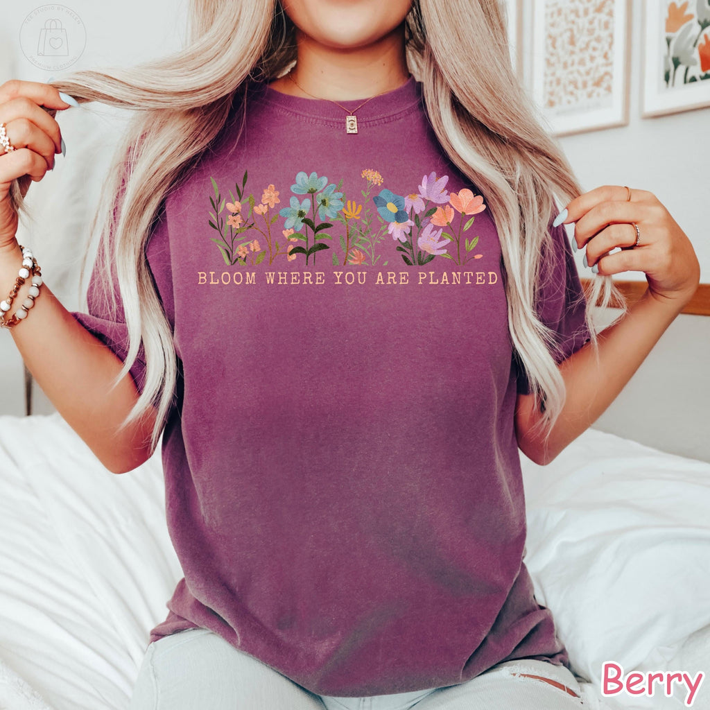Comfort Colors® Bloom Where You Are Planted Shirt, Inspirational Shirt, Floral Graphic Tee, Spring Wildflower Shirt, Motivational Quote Tee