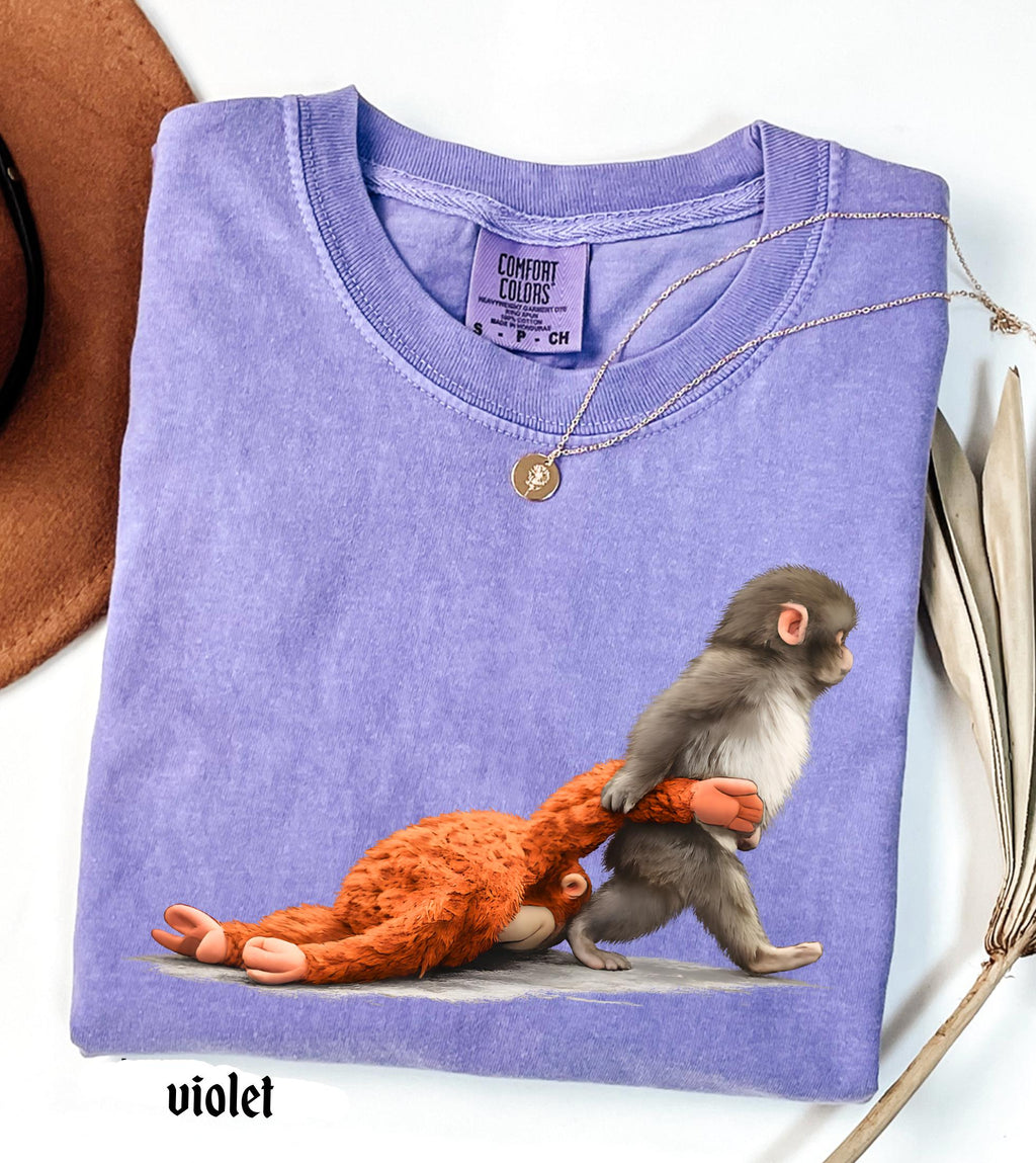 Viral Monkey Punch Graphic Comfort Colors Shirt, Lonely Baby Monkey Holding Plush Toy, Cute Emotional Gift for Animal Lovers
