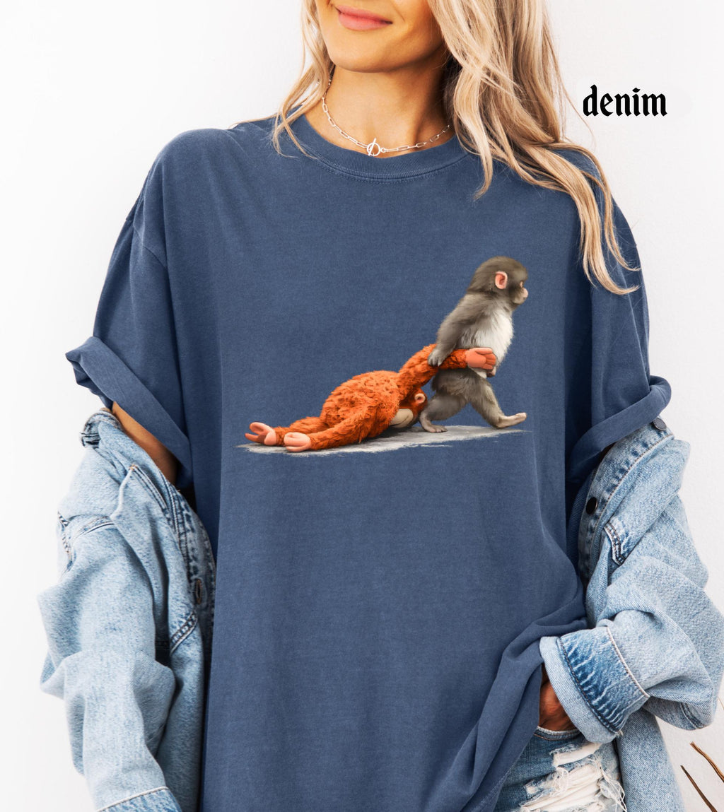 Viral Monkey Punch Graphic Comfort Colors Shirt, Lonely Baby Monkey Holding Plush Toy, Cute Emotional Gift for Animal Lovers