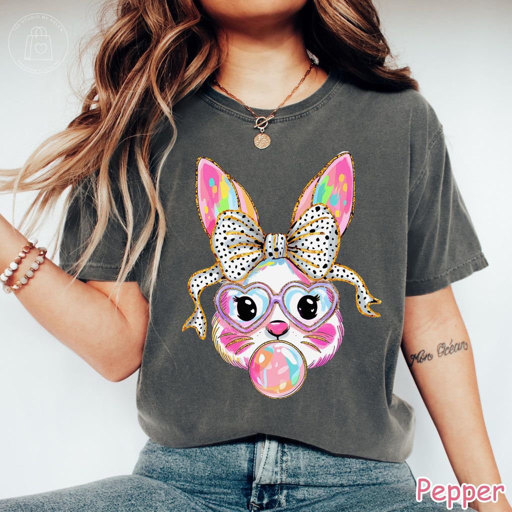 Comfort Colors® Easter Bunny Shirt, Coquette Bow Easter Shirt, Bubblegum Bunny Shirt, Trendy Easter Gift for Her, Women's Easter Outfit