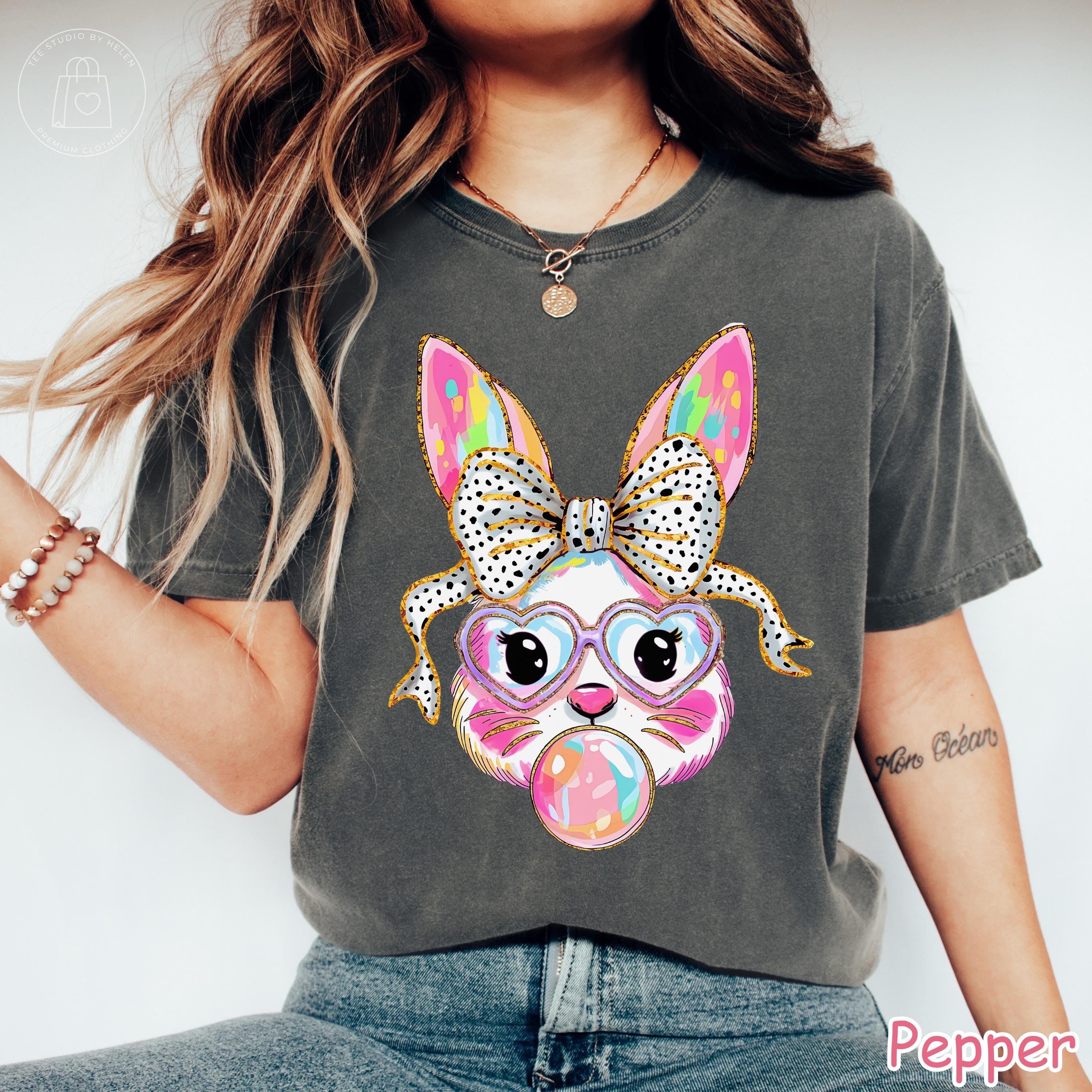 Comfort Colors® Easter Bunny Shirt, Coquette Bow Easter Shirt, Bubblegum Bunny Shirt, Trendy Easter Gift for Her, Women's Easter Outfit