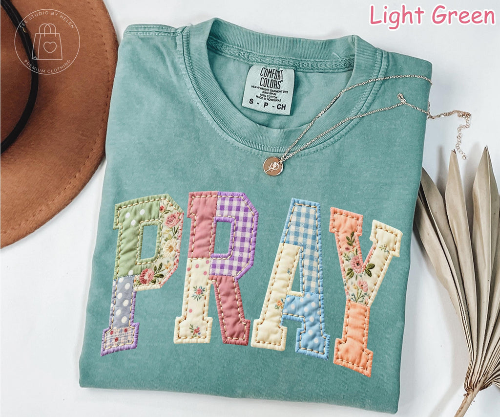 Comfort Colors® Faux Quilted Pray Shirt, Religious Shirt for Women, Patchwork Christian Gift, Bible Verse Tee, Faith Floral Graphic Tee