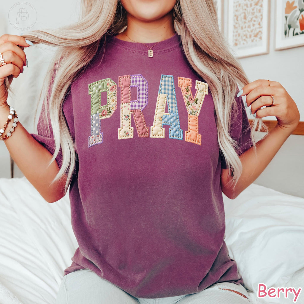 Comfort Colors® Faux Quilted Pray Shirt, Religious Shirt for Women, Patchwork Christian Gift, Bible Verse Tee, Faith Floral Graphic Tee