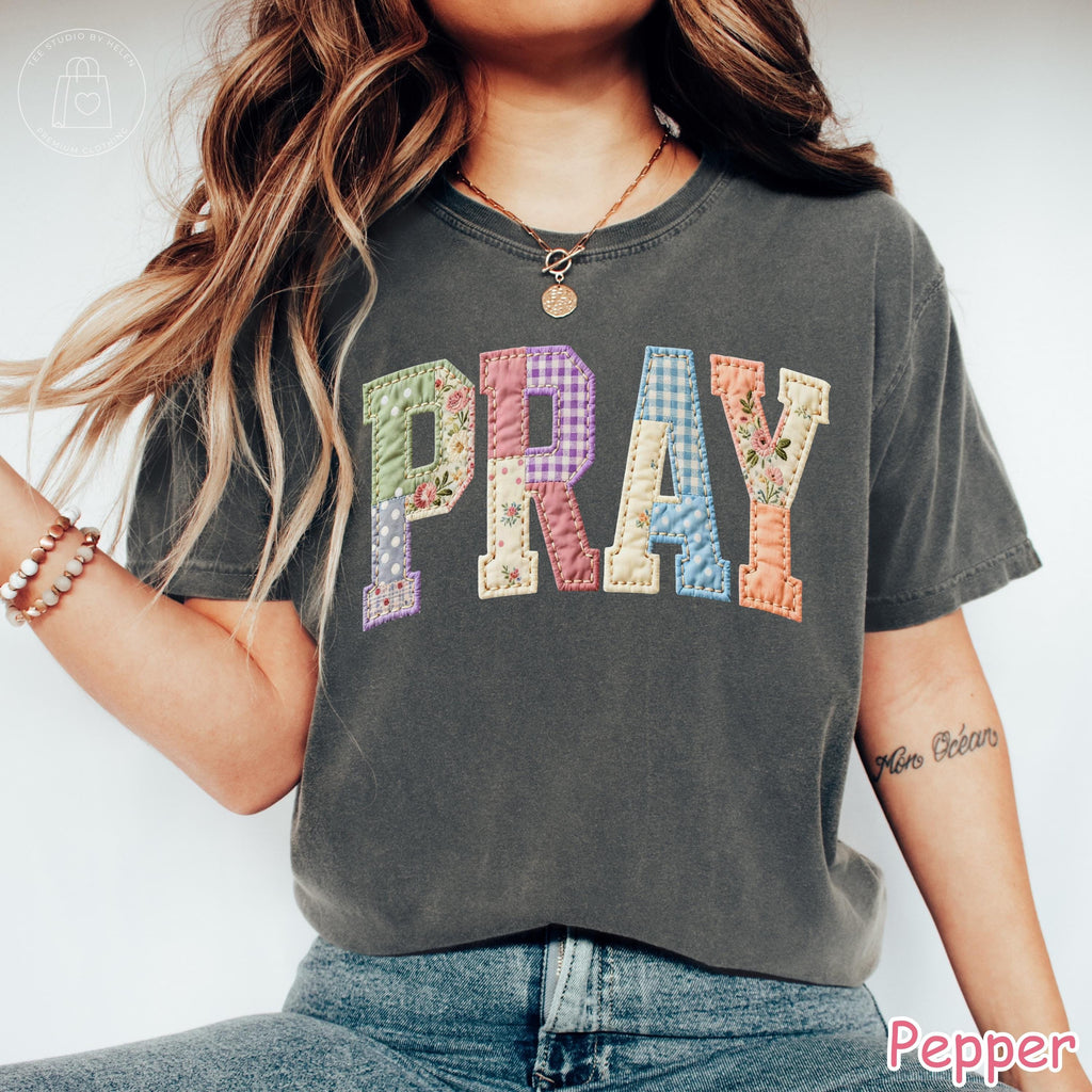 Comfort Colors® Faux Quilted Pray Shirt, Religious Shirt for Women, Patchwork Christian Gift, Bible Verse Tee, Faith Floral Graphic Tee